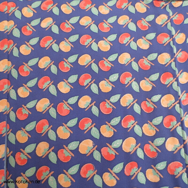 Persimonen auf blauviolett, Goldakzente Seiden Chirimen Crepe Komon Kimono