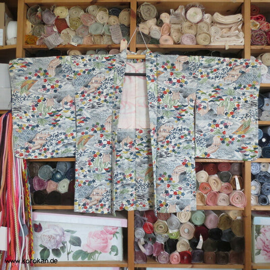 Haori Kimono Jacke Landschafts Bingata Seidencrepe