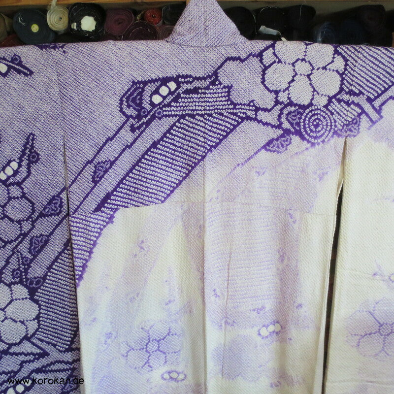 Furisode Kimono Full Shibori Seidendamast Stoffrollenmuster