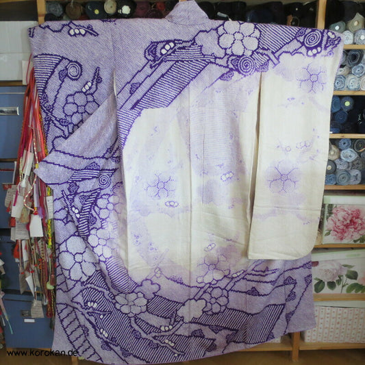 Furisode Kimono Full Shibori Seidendamast Stoffrollenmuster