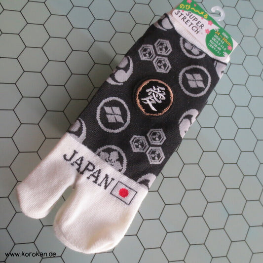 Tabi Socken schwarz weiß mit Mon und aufgesticktem Kanji