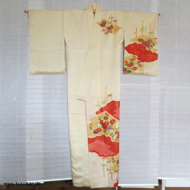 Shibori, Bambus, Wolken und Stickerei Homongi Seidendamast Kimono