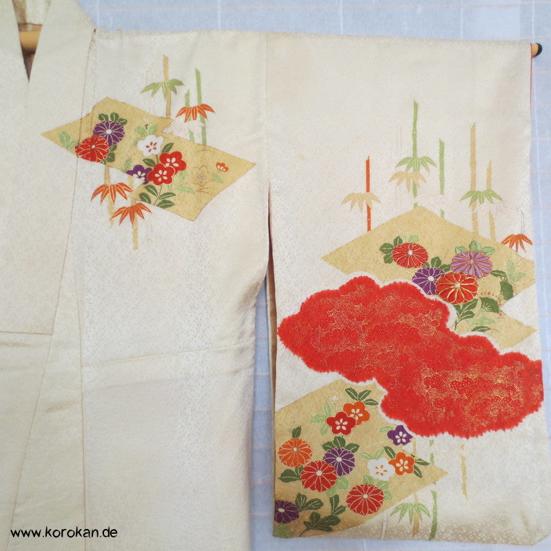 Shibori, Bambus, Wolken und Stickerei Homongi Seidendamast Kimono