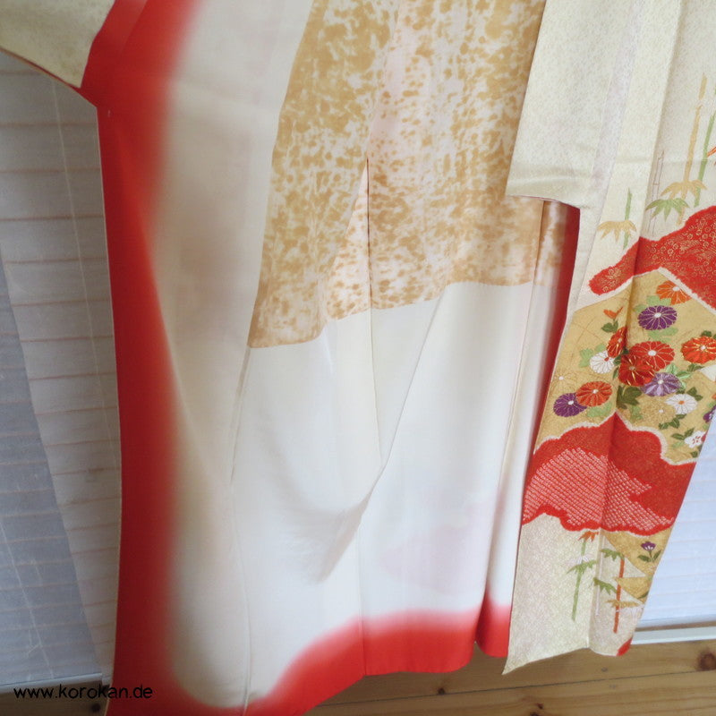 Shibori, Bambus, Wolken und Stickerei Homongi Seidendamast Kimono