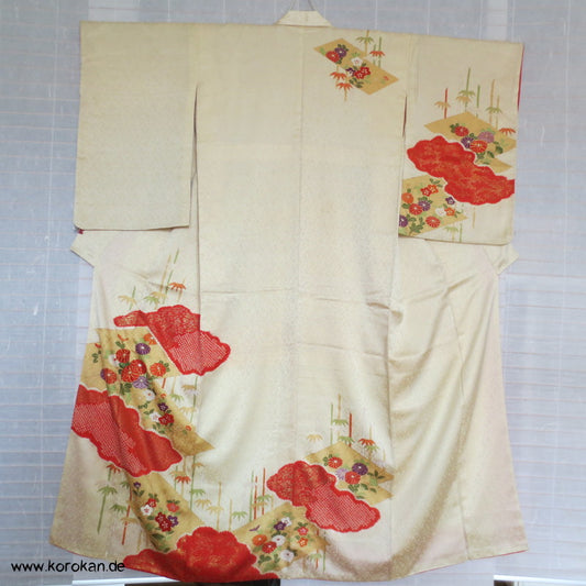 Shibori , Bambus, Wolken und Stickerei Homongi Seidendamast Kimono