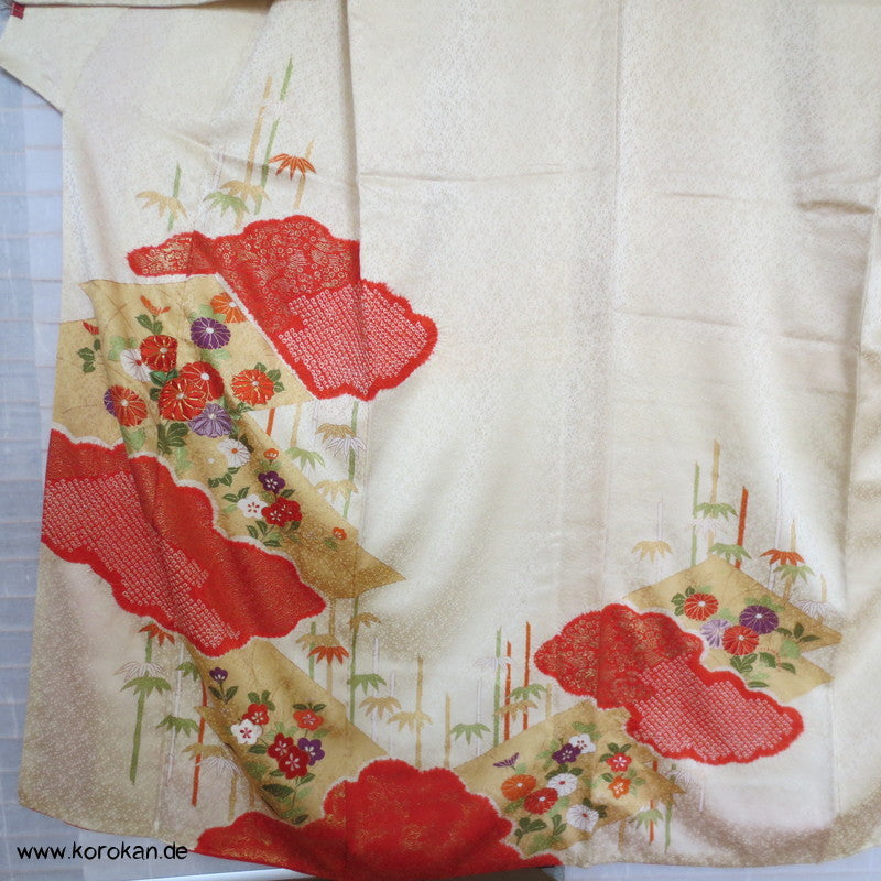 Shibori, Bambus, Wolken und Stickerei Homongi Seidendamast Kimono