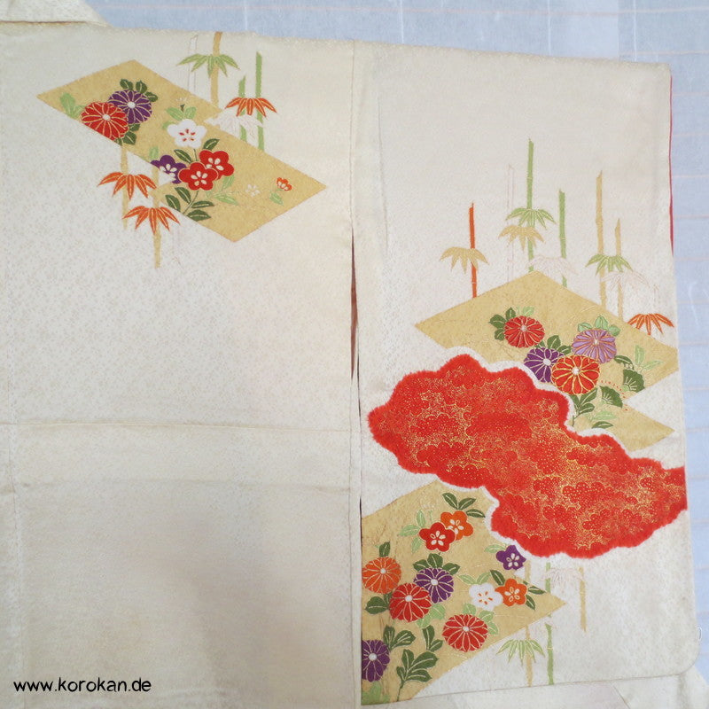 Shibori, Bambus, Wolken und Stickerei Homongi Seidendamast Kimono