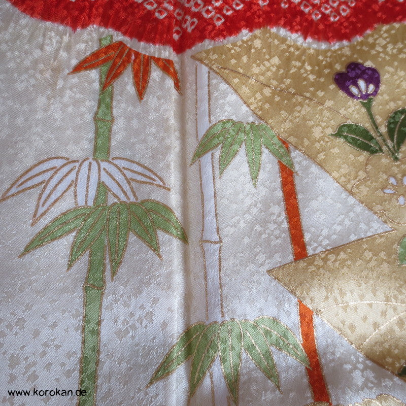 Shibori, Bambus, Wolken und Stickerei Homongi Seidendamast Kimono