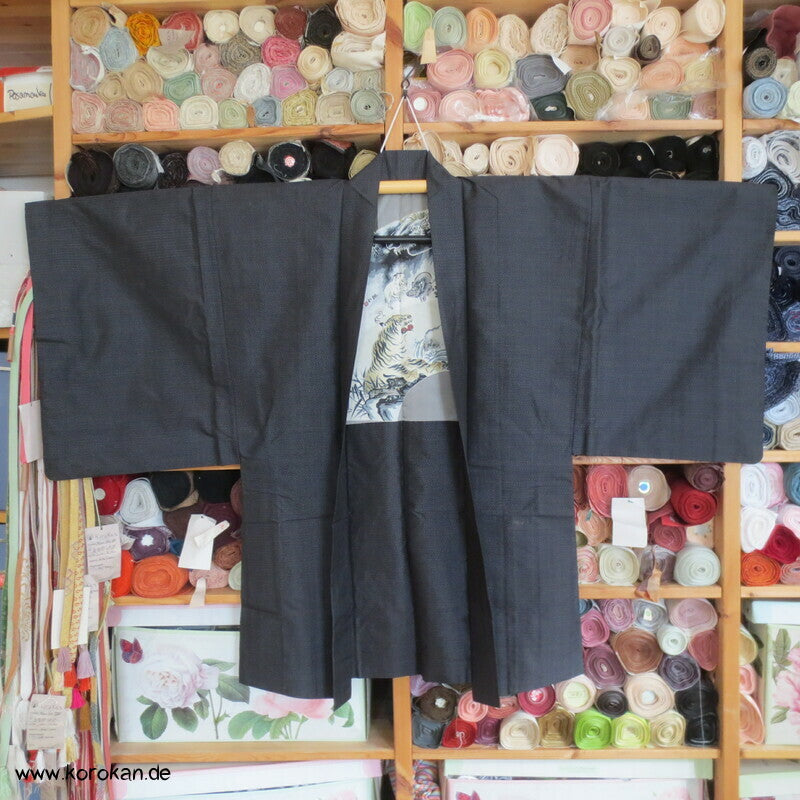 handgemalte chinesische Tierkreiszeichen Seiden Futter Haori Tsumugi Seide Kimono Jacke