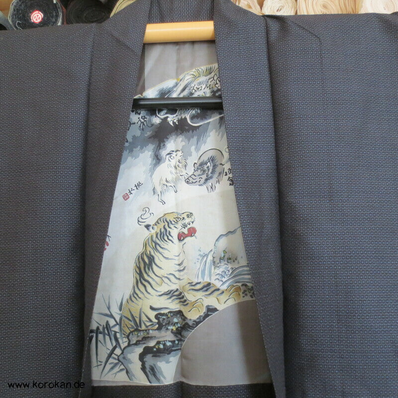 handgemalte chinesische Tierkreiszeichen Seiden Futter Haori Tsumugi Seide Kimono Jacke