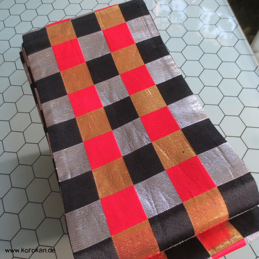 Ichimatsu Karo schwarz rot gold silber Hanhaba Obi, Seide mit Lurex