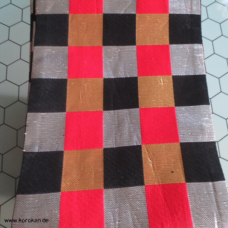 Ichimatsu Karo schwarz rot gold silber Hanhaba Obi, Seide mit Lurex
