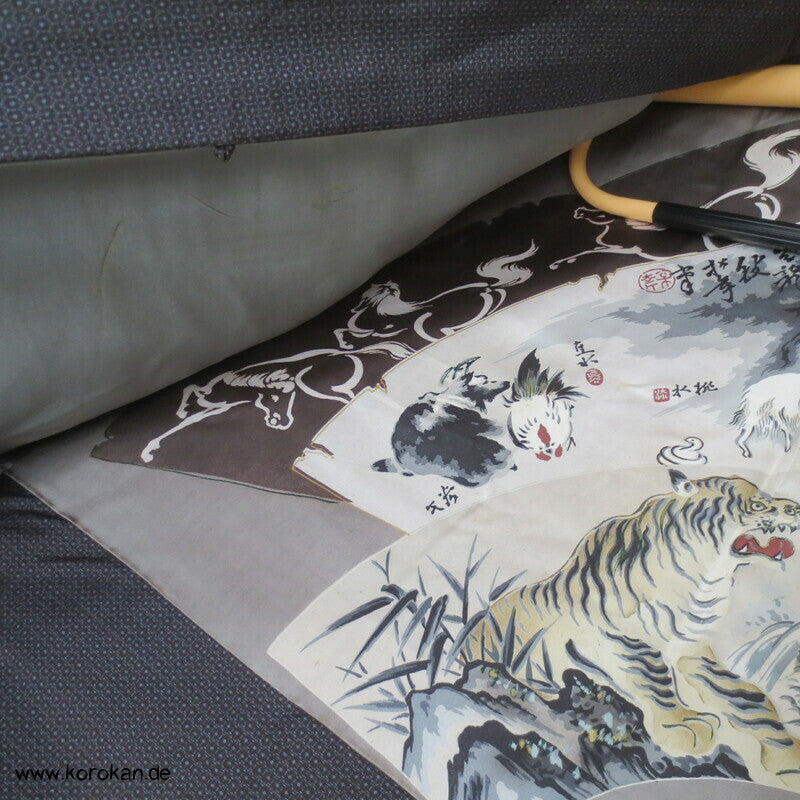 handgemalte chinesische Tierkreiszeichen Seiden Futter Haori Tsumugi Seide Kimono Jacke