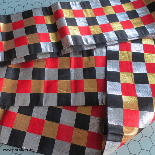 Ichimatsu Karo schwarz rot gold silber Hanhaba Obi, Seide mit Lurex