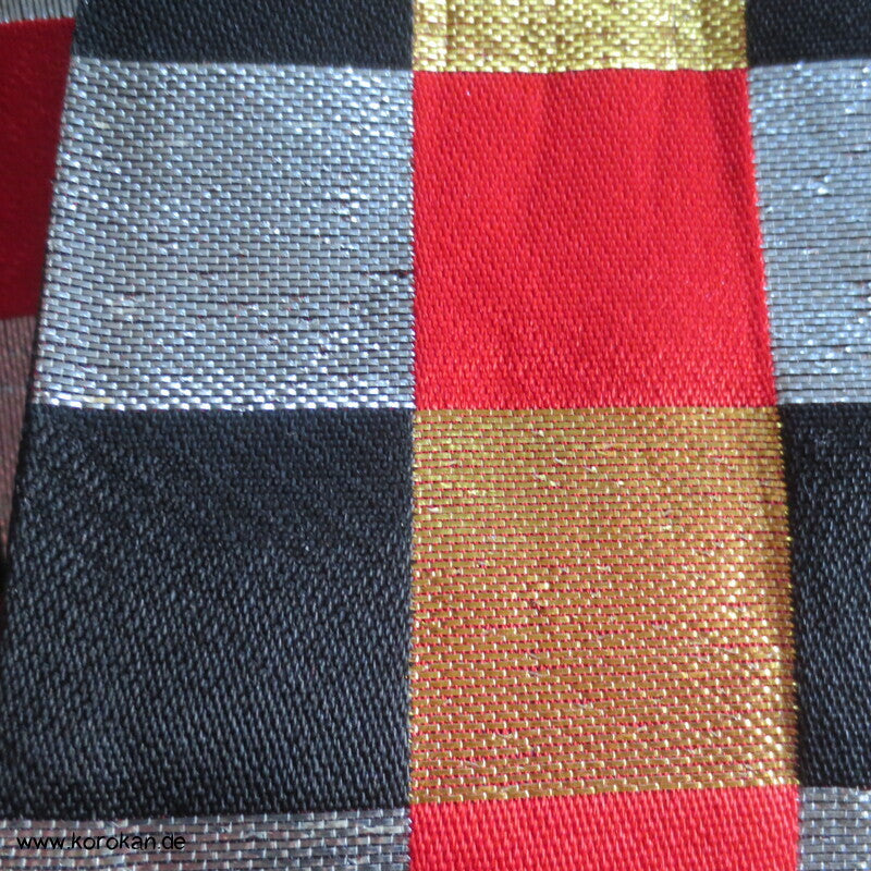 Ichimatsu Karo schwarz rot gold silber Hanhaba Obi, Seide mit Lurex