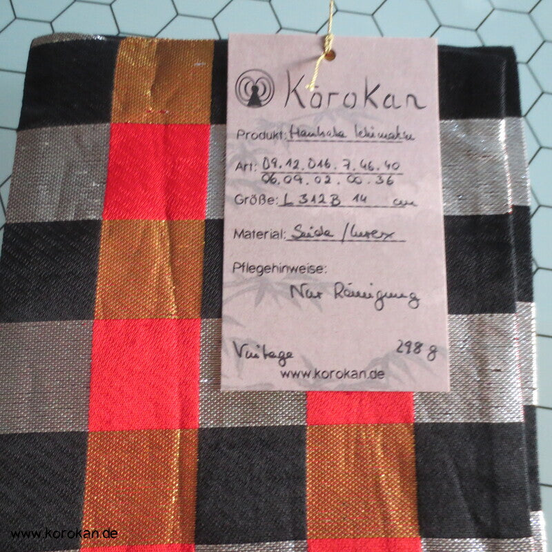 Ichimatsu Karo schwarz rot gold silber Hanhaba Obi, Seide mit Lurex