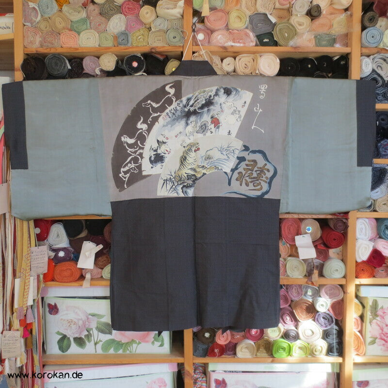 handgemalte chinesische Tierkreiszeichen Seiden Futter Haori Tsumugi Seide Kimono Jacke