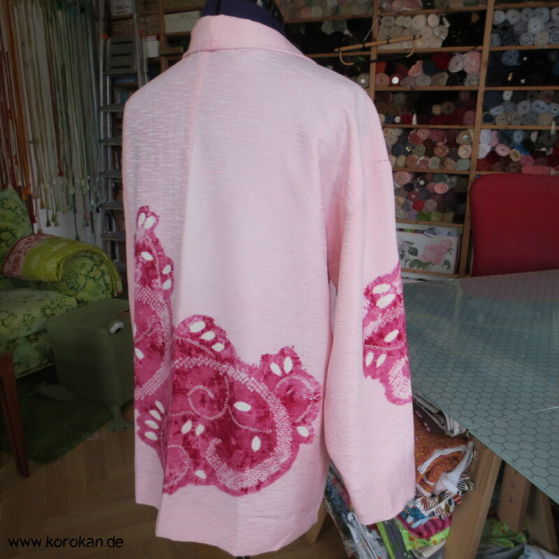 pink auf rosa Blüten Seidendamast Shibori Haori - europäischer Ärmel
