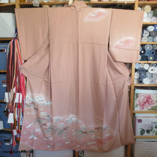 Tsukesage Kimono Seidendamast Pinien und Boote am Meer