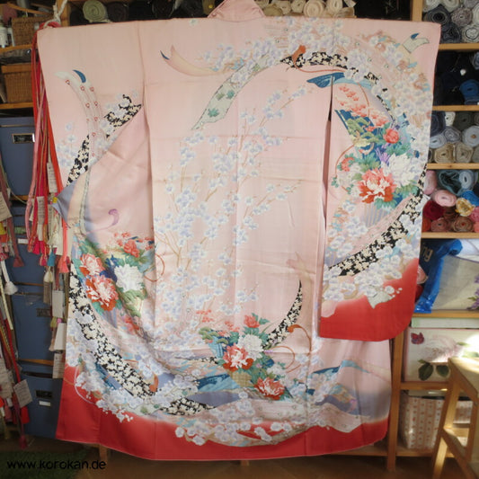 Furisode Seiden Crepe Satin Kimono Noshi Muster mit Pfau -  Federn