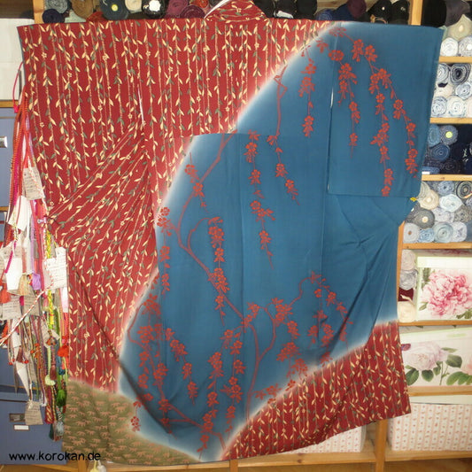 petrol - weinrot - oliv Weidenzweige Homongi Seidencrepe Kimono