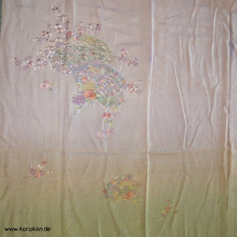 Homongi Seidencrepe Kimono, Farbverlauf, Blumen Stickereien, verfärbt