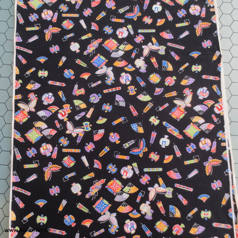 bunte Japan Motive auf schwarz Woll Kimono Tanmono