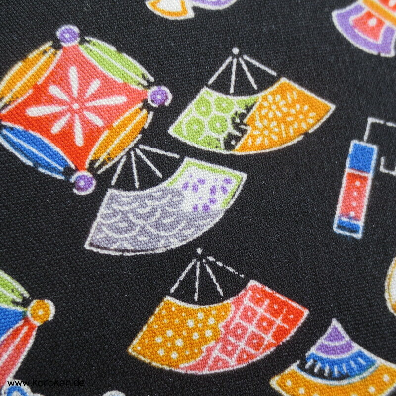 bunte Japan Motive auf schwarz Woll Kimono Tanmono