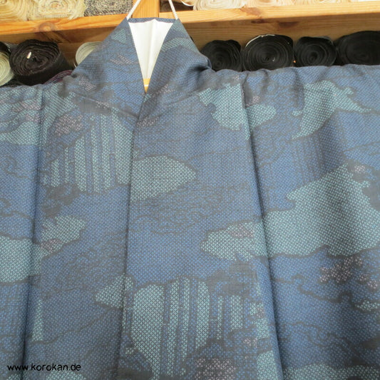 Wolken Bambus Druck Kasuri Tsumugi Kimono