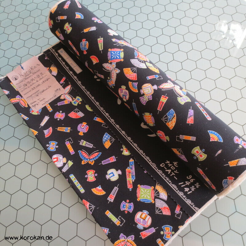 bunte Japan Motive auf schwarz Woll Kimono Tanmono