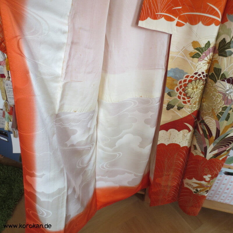 Gräser, Bambus, Chrysanthemen Seidendamast Furisode Kimono