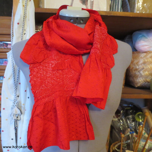 Shibori Egasumi Nebelschwaden Seidendamast Obiage, rot, wie neu