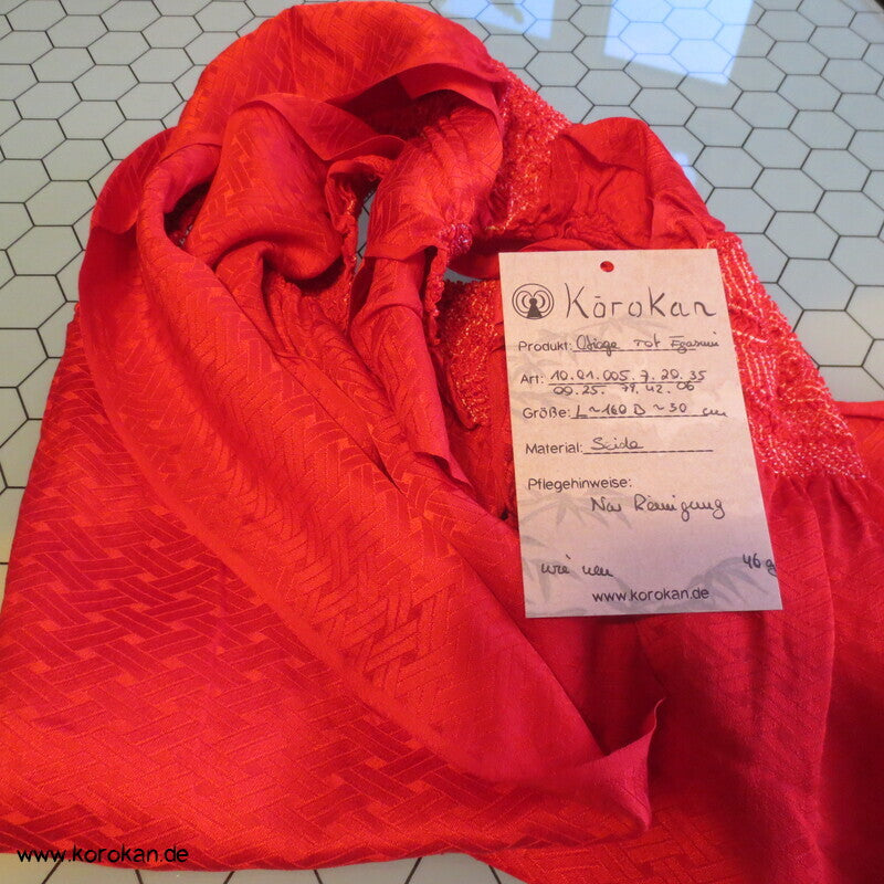 Shibori Egasumi Nebelschwaden Seidendamast Obiage, rot, wie neu