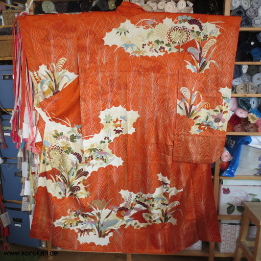 Gräser, Bambus, Chrysanthemen Seidendamast Furisode Kimono