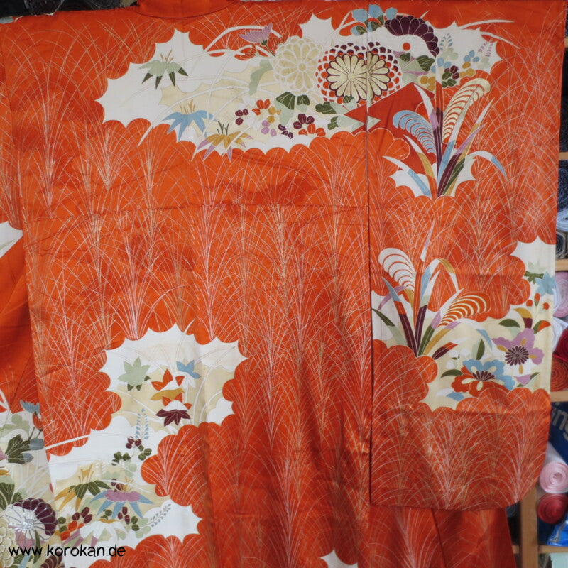 Gräser, Bambus, Chrysanthemen Seidendamast Furisode Kimono