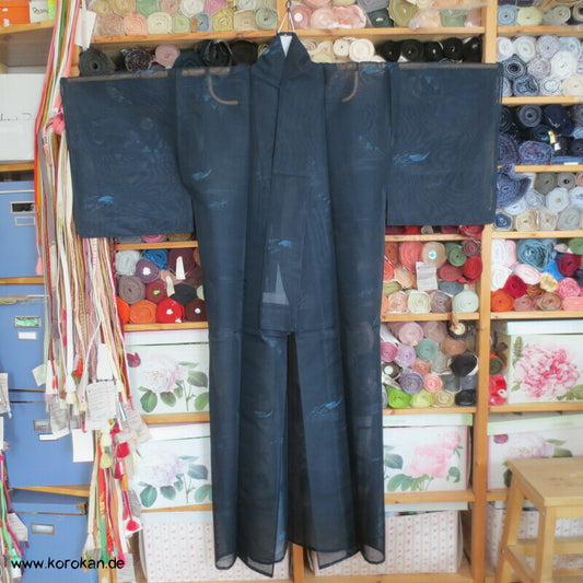 Boote und Bambusgitter Sommer Hitoe Kimono Sha Seide