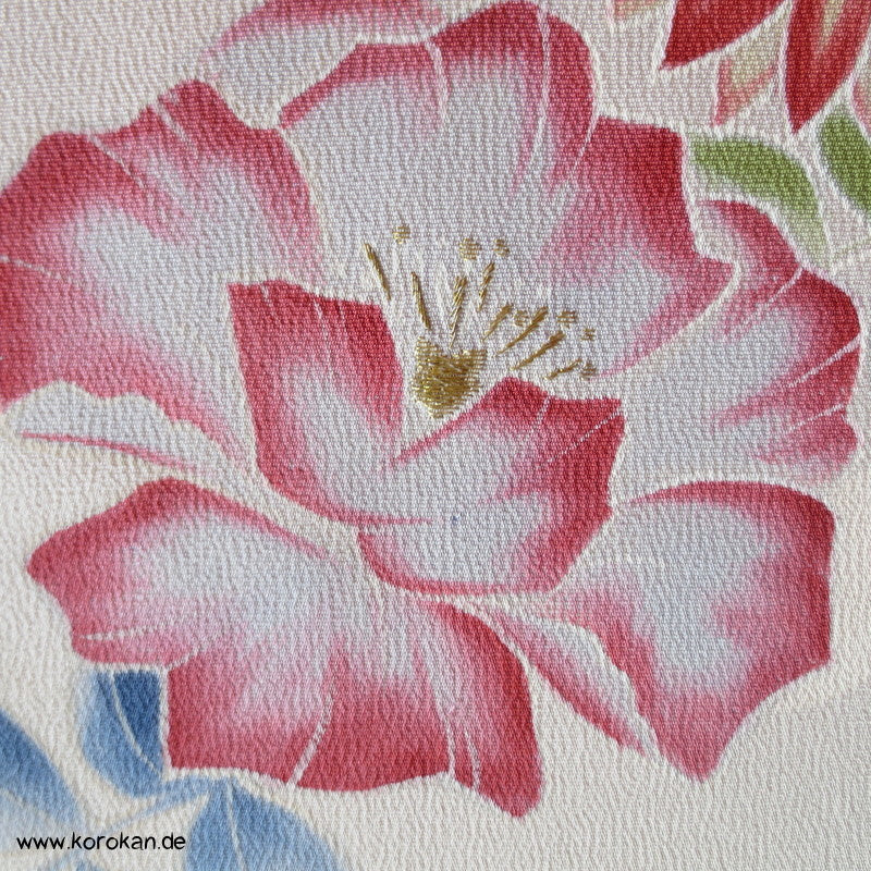 Chrysanthemen und Paeonien, Teilstickerei Yuzen Malerei Tanmono