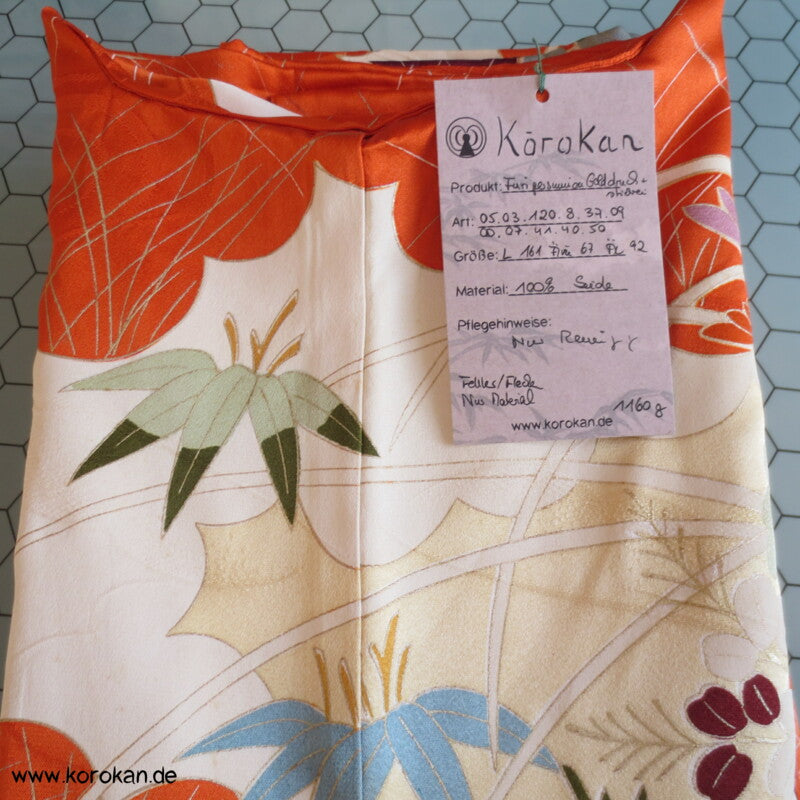 Gräser, Bambus, Chrysanthemen Seidendamast Furisode Kimono