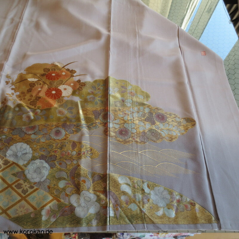 Gold Spiegel Irotomesode Seidencrepe Kimono - Künstlerstempel