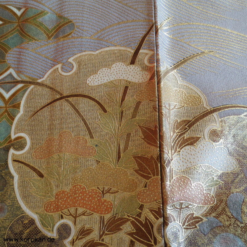 Gold Spiegel Irotomesode Seidencrepe Kimono - Künstlerstempel