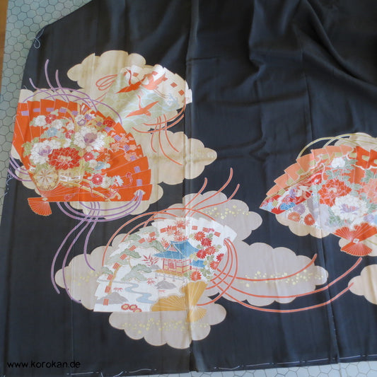Tomesode Fächer, Wolke, Bänder Seiden Kimono Karieba