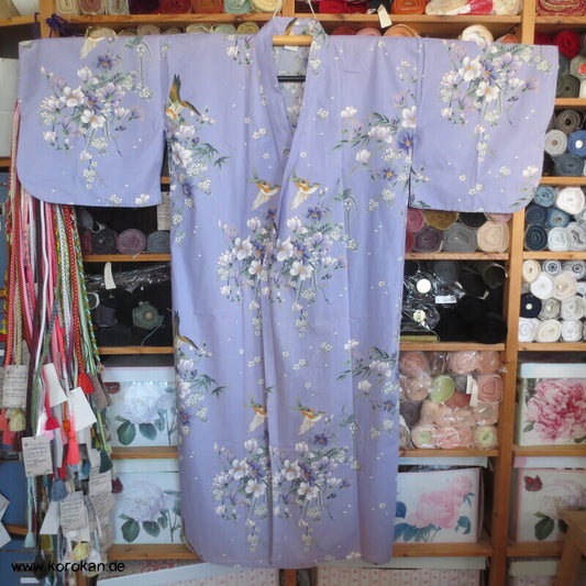 Yukata Baumwoll Kimono, Blumen und Vögel auf flieder