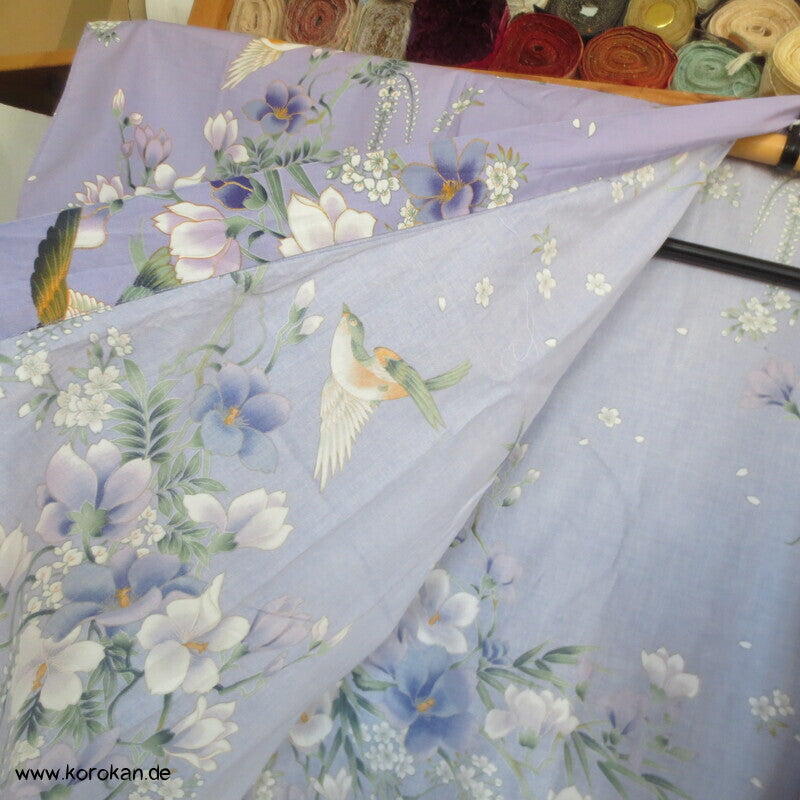Yukata Baumwoll Kimono, Blumen und Vögel auf flieder
