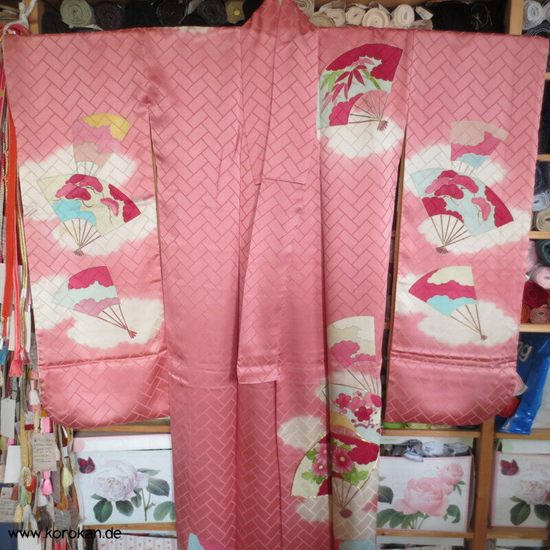 gemalte Fächer Higaki Seidendamast antiker Furisode, nur als Material