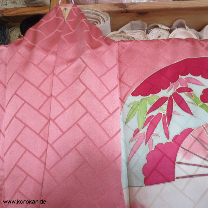 gemalte Fächer Higaki Seidendamast antiker Furisode, nur als Material