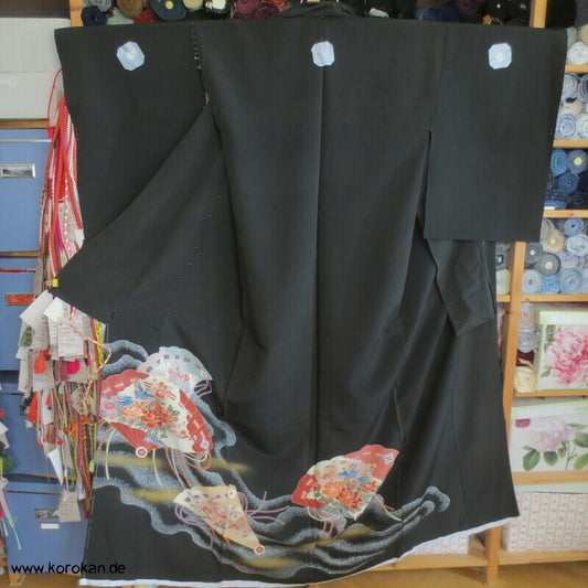 Tomesode, Fächermuster, Vögel Seiden Karieba Kimono