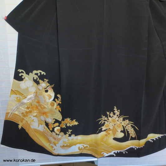 Goldfasan - Blütenstrauß, Welle Tomesode Seiden Kimono