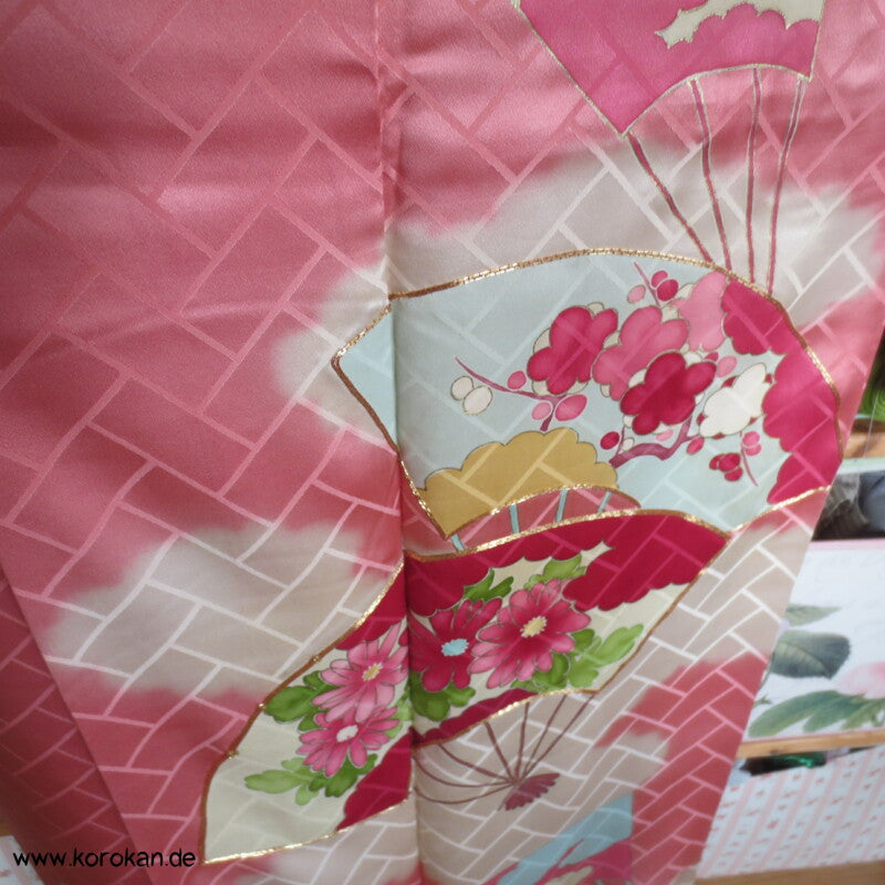 gemalte Fächer Higaki Seidendamast antiker Furisode, nur als Material