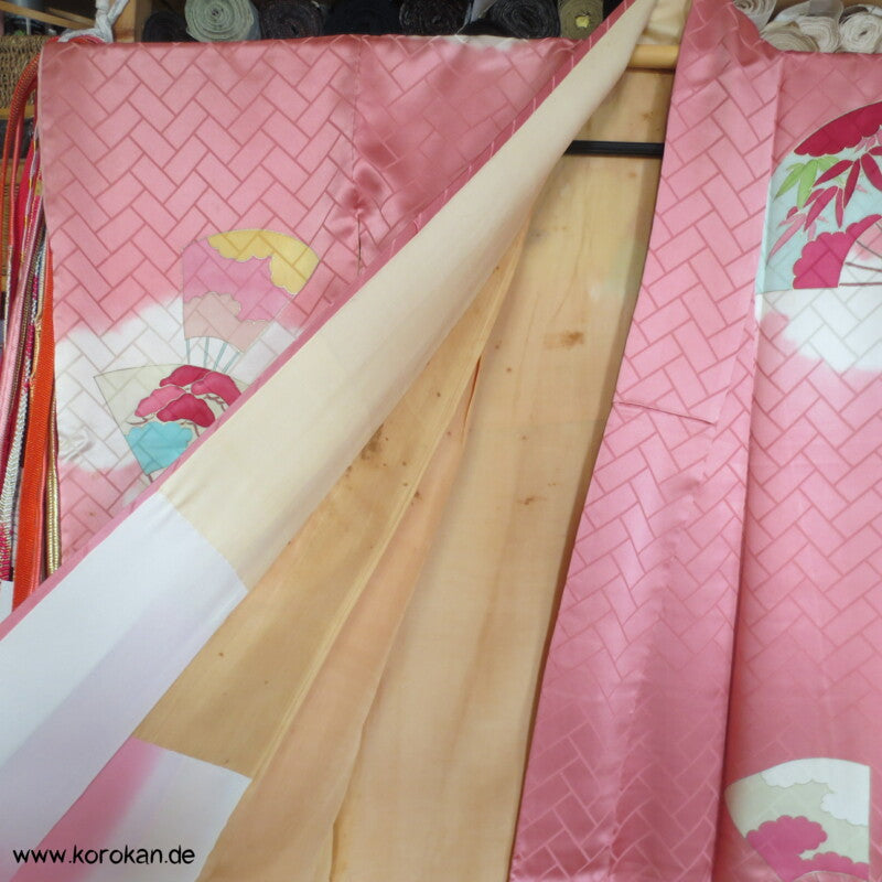 gemalte Fächer Higaki Seidendamast antiker Furisode, nur als Material