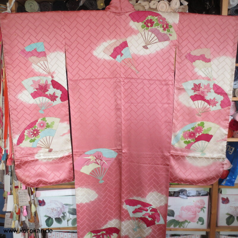gemalte Fächer Higaki Seidendamast antiker Furisode, nur als Material